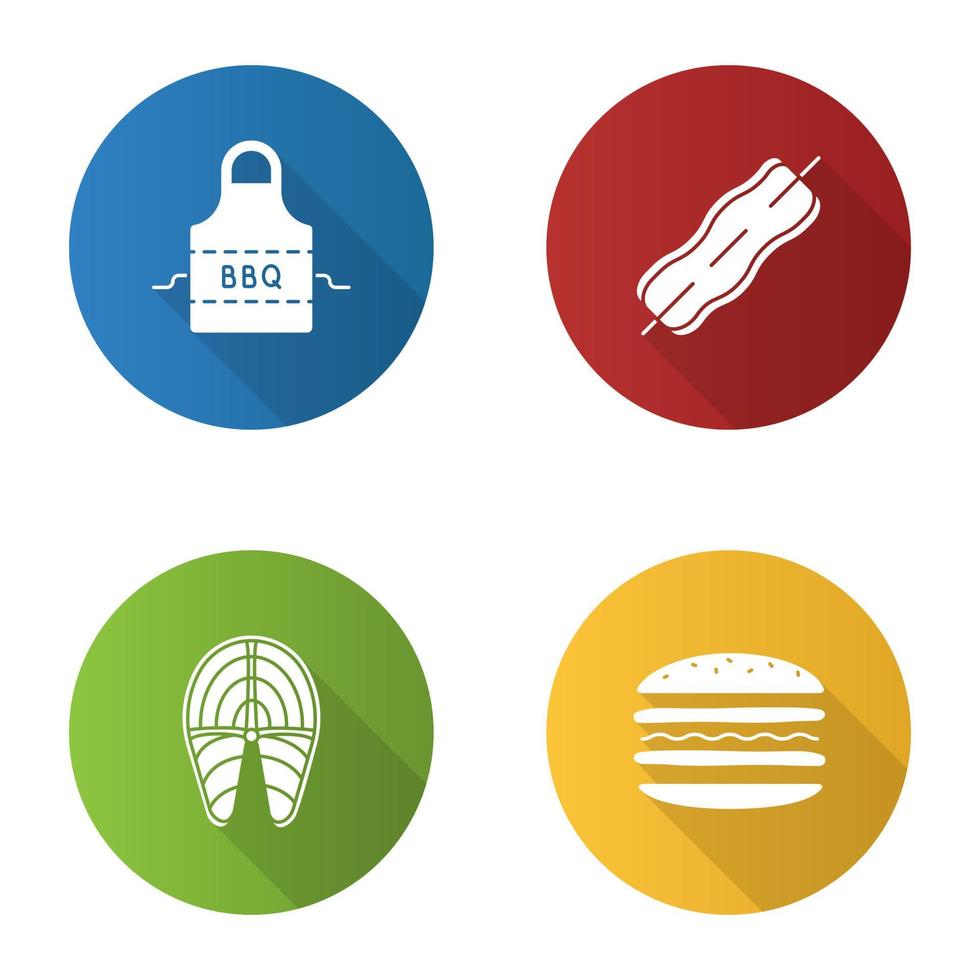grill platt design lång skugga glyph ikoner set. bbq. förkläde, bacon på spett, fiskbiff, hamburgare. vektor siluett illustration