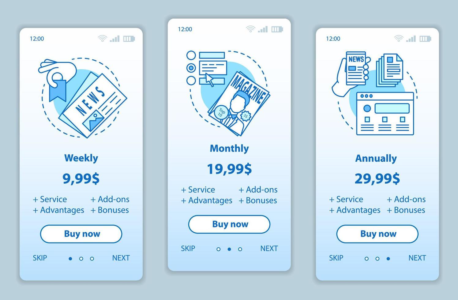 tidning, tidningsprenumeration onboarding mobilappskärmar med servicepriser. mallar för periodiska publikationer genomgång av webbplatssidor. tariffplaner steg. webbsidelayout för smartphone betalning vektor