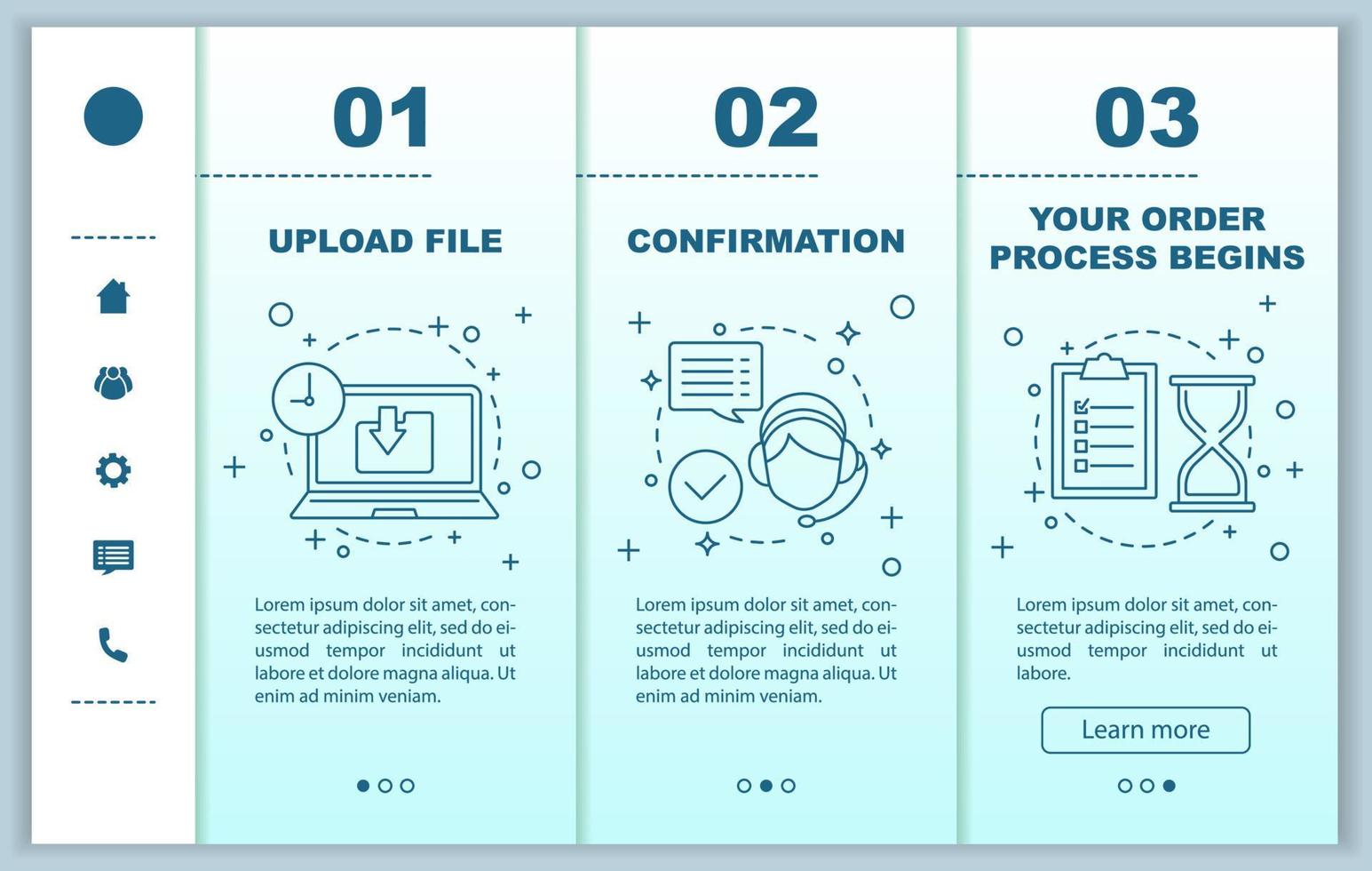 Kundensupport beim Onboarding mobiler Webseiten Vektorvorlage. Datei hochladen, Bestätigung, Auftragsabwicklung. digitaler Dienst. Responsive Smartphone-Website-Oberfläche. Webseiten-Walkthrough-Schrittbildschirme vektor