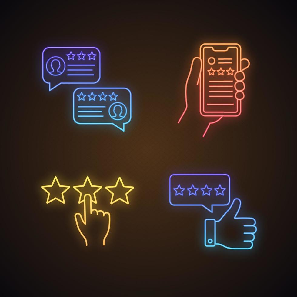 bewertung neonlichtsymbole gesetzt. Kundenrezensionen, App-Bewertung, positives Feedback, Likes. leuchtende Zeichen. Vektor isolierte Illustrationen