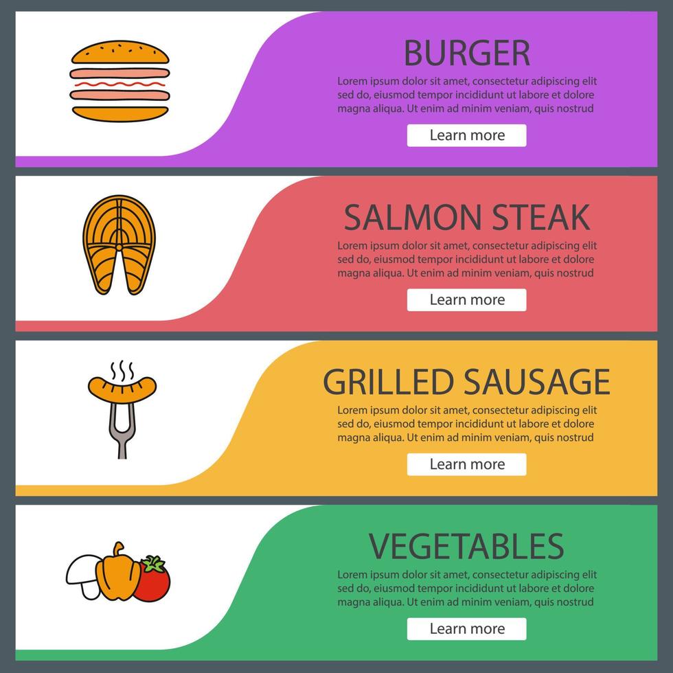 Grill-Web-Banner-Vorlagen festgelegt. Menüelemente in Farbe der Website. Burger, Lachssteak, Bratwurst, Gemüse. Vektor-Header-Design-Konzepte vektor