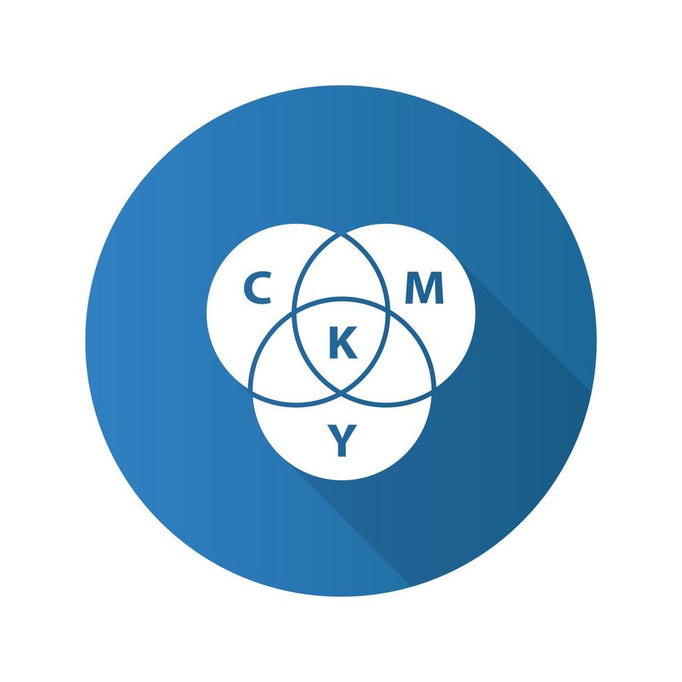 CMYK Farbkreis Modell flaches Design lange Schatten Glyphe Symbol. Cyan, Magenta, Gelb, Schlüsselfarbschema. Vektor-Silhouette-Abbildung vektor