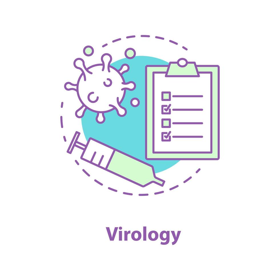 virologi koncept ikon. science lab idé tunn linje illustration. studie av virus. checklista för medicinska tester, spruta, viruscell. vektor isolerade konturritning