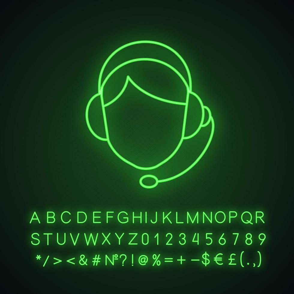 Symbol für Neonlicht des Call-Center-Betreibers. Unterstützungsdienst. leuchtendes zeichen mit alphabet, zahlen und symbolen. vektor isolierte illustration