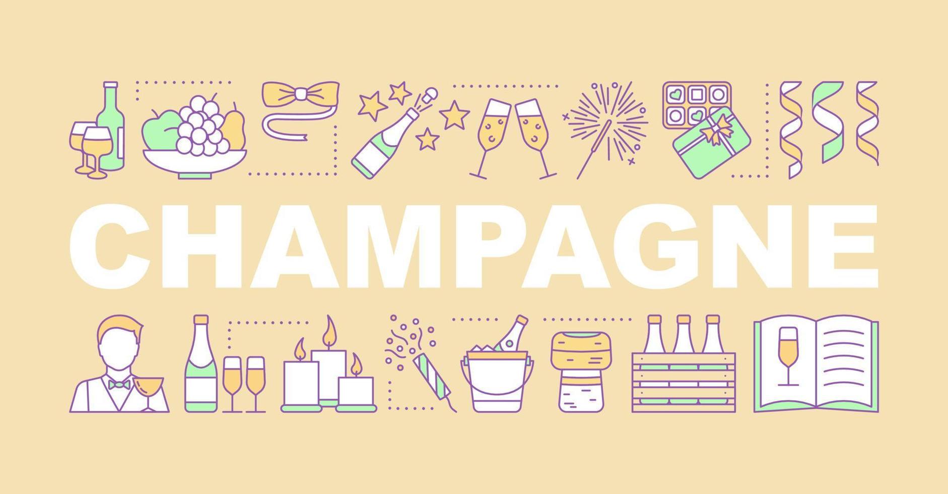 champagne ord begrepp banner. semesterfirande, fest. alkoholhaltig dryck. isolerade bokstäver typografi idé med linjära ikoner. alkohol. vektor kontur illustration