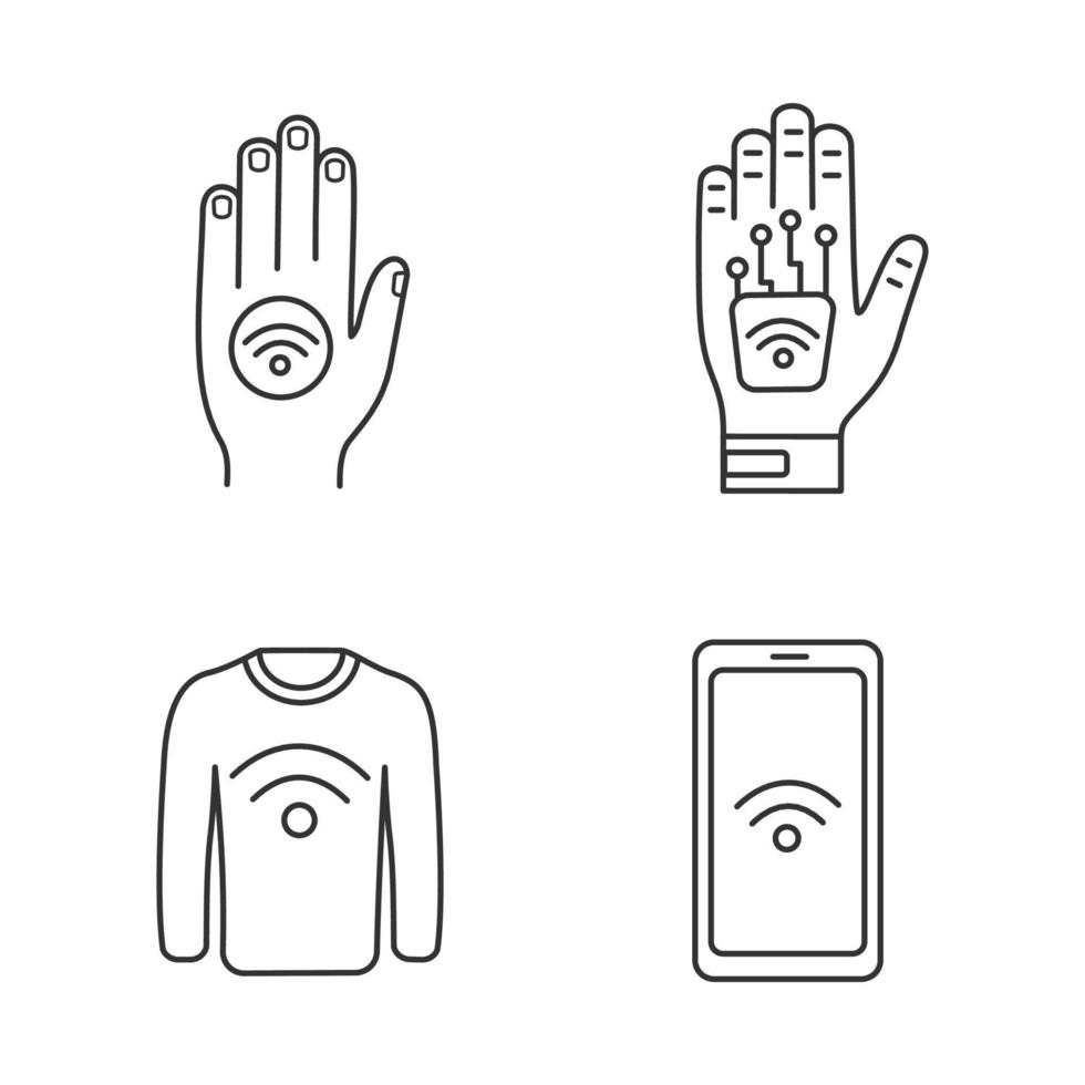 nfc-technologie lineare symbole gesetzt. Nahfeld-Handaufkleber, Implantat, Kleidung, Smartphone. dünne Linienkontursymbole. isolierte vektorumrissillustrationen. editierbarer Strich vektor