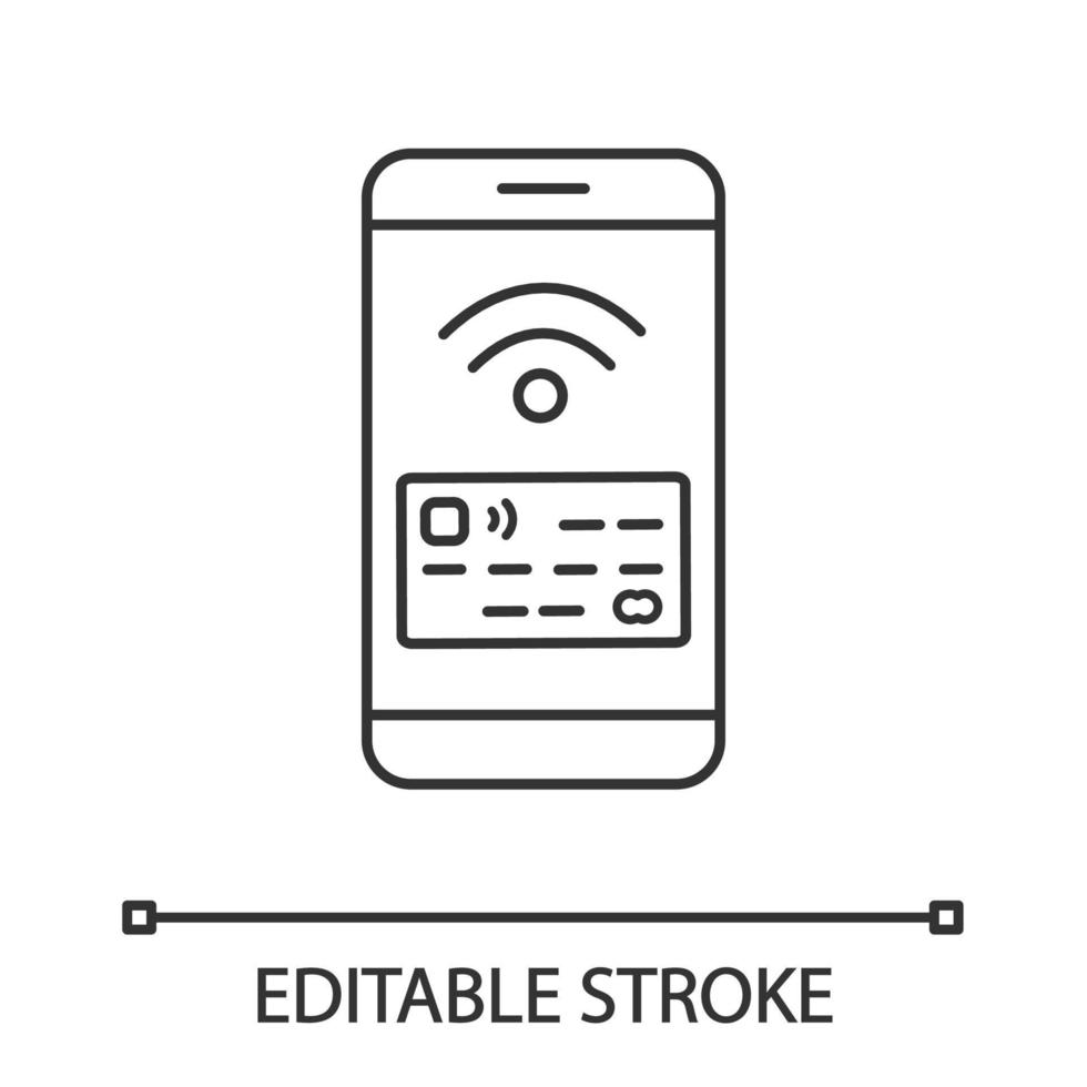 Lineares Symbol für NFC-Smartphone-Signal. NFC-Telefon. dünne Liniendarstellung. telefon kontaktlose zahlung. Telefonbildschirm mit Kreditkarte. Kontursymbol. Vektor isoliert Umrisszeichnung. editierbarer Strich