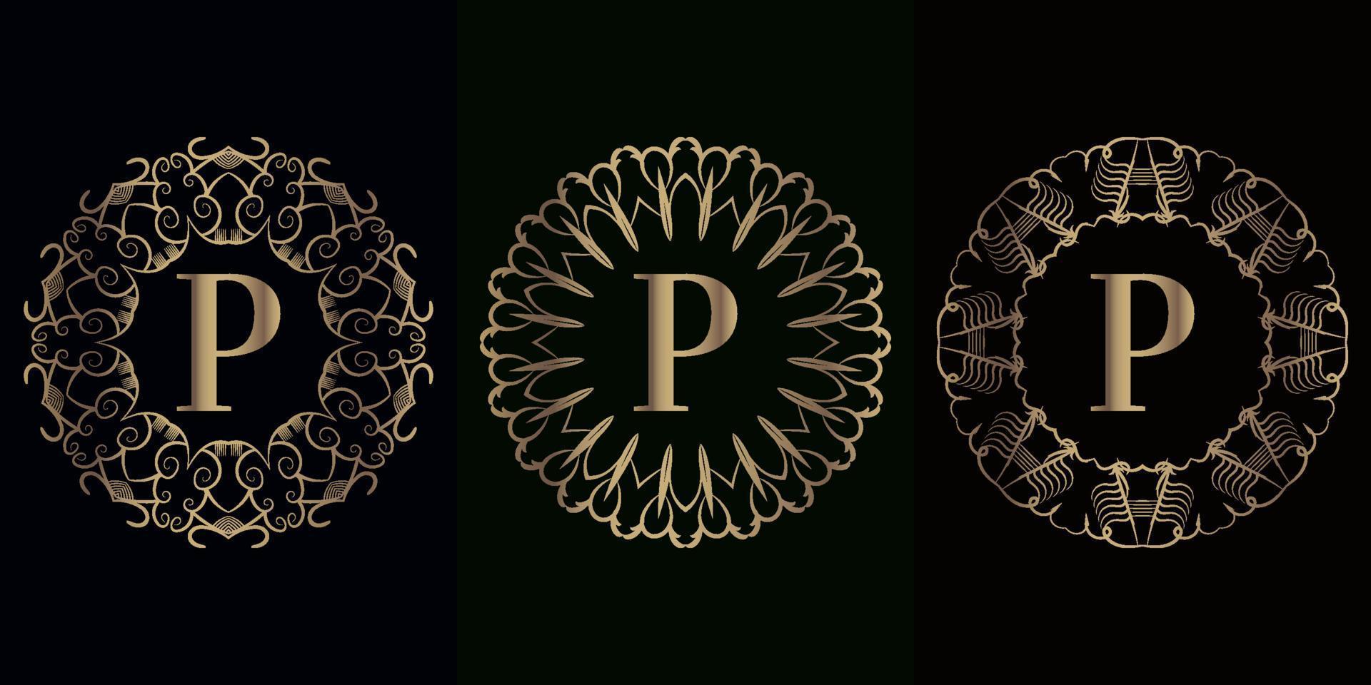 samling av logotyp initial p med lyx mandala prydnad ram vektor