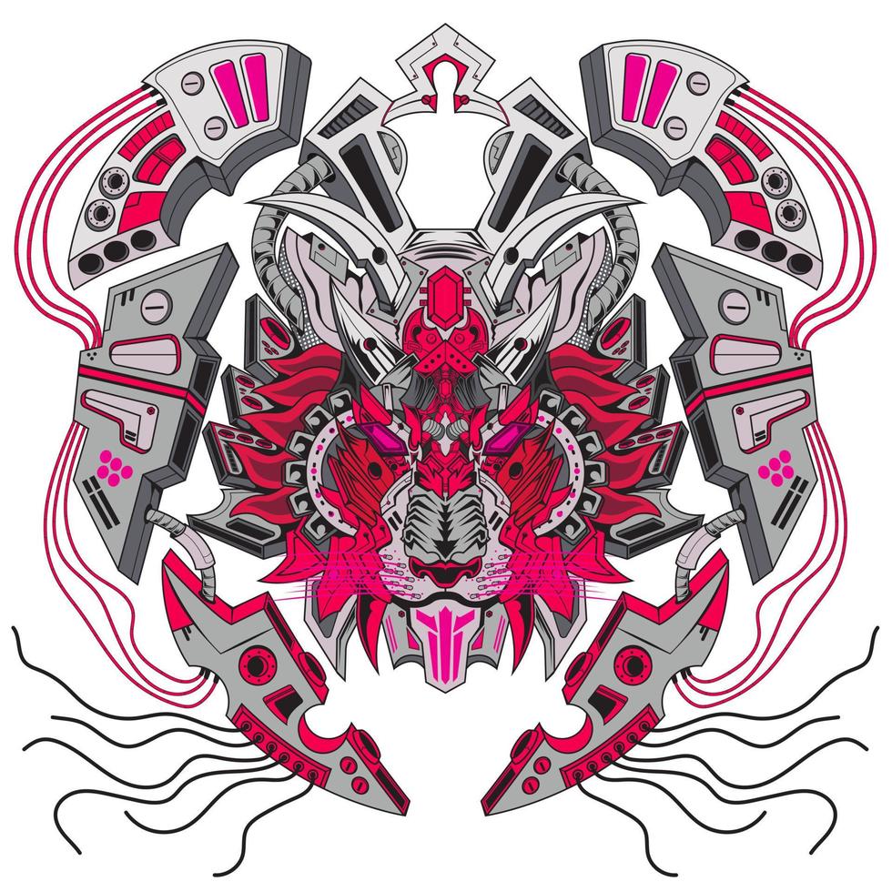 djur cyborg lejonhuvud illustration t-shirt design affisch lejon odjur mecha för e-sportlogotyp eller spelmaskot, robothuvud för t-shirttryck, kläder eller märke vektor