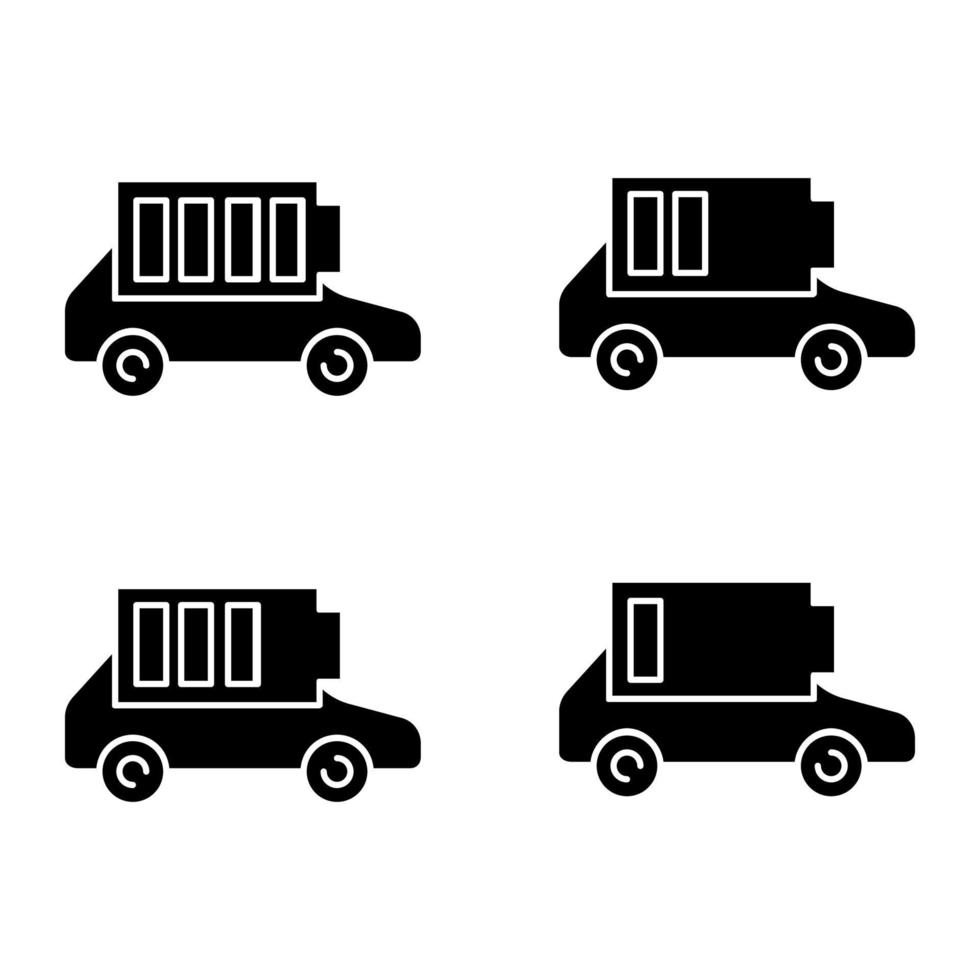 elbil batteriladdning glyph ikoner set. bilbatterinivåindikator. hög, mellan och låg laddning. miljövänlig bil. siluett symboler. vektor isolerade illustration