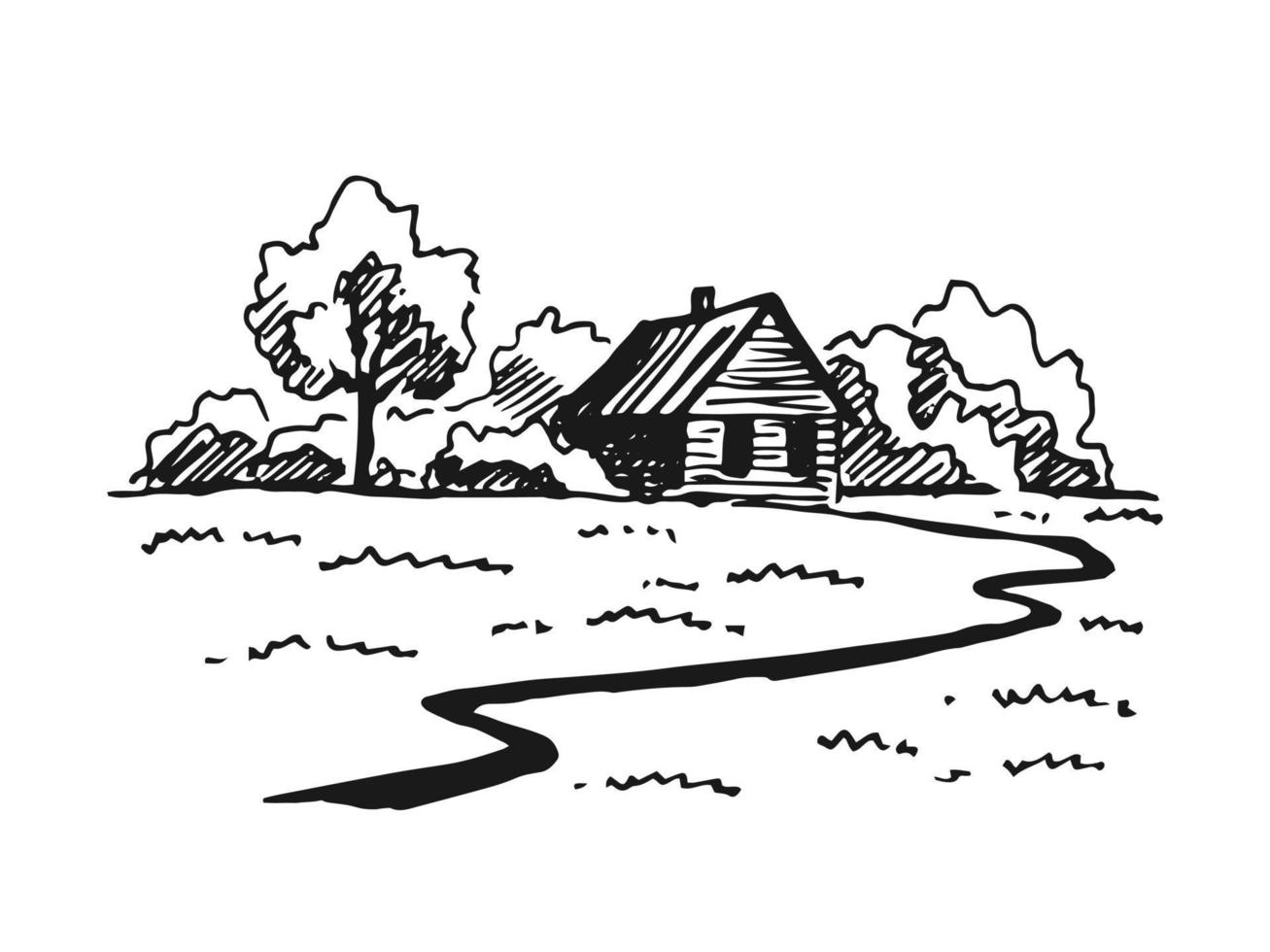 Landschaft mit Landhaus. handgezeichnete illustration in vektor umgewandelt.