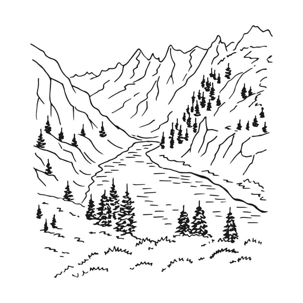 landskap med berg och skog. handritad illustration konverterad till vektor. vektor