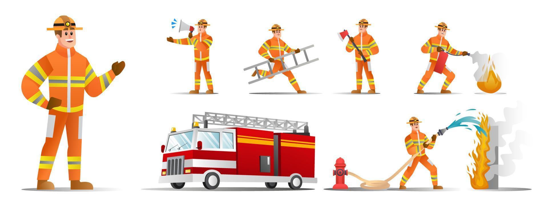 uppsättning brandman karaktärer med olika poser vektor tecknad