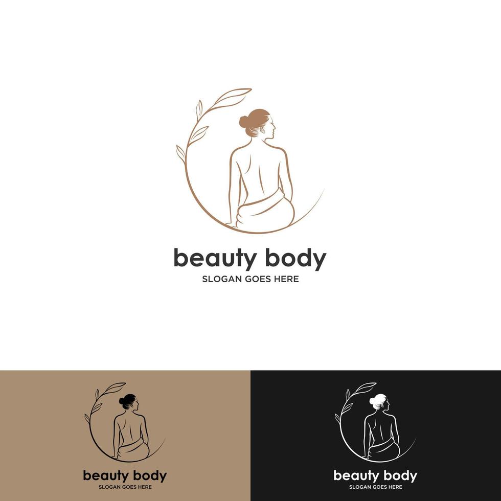 Beauty-Natur-Body-Spa-Logo-Design. vektorillustration des schönheitsfrauenkörpers mit botanischer pflanze. moderne Vintage-Icon-Design-Vorlage mit Linienkunststil. vektor