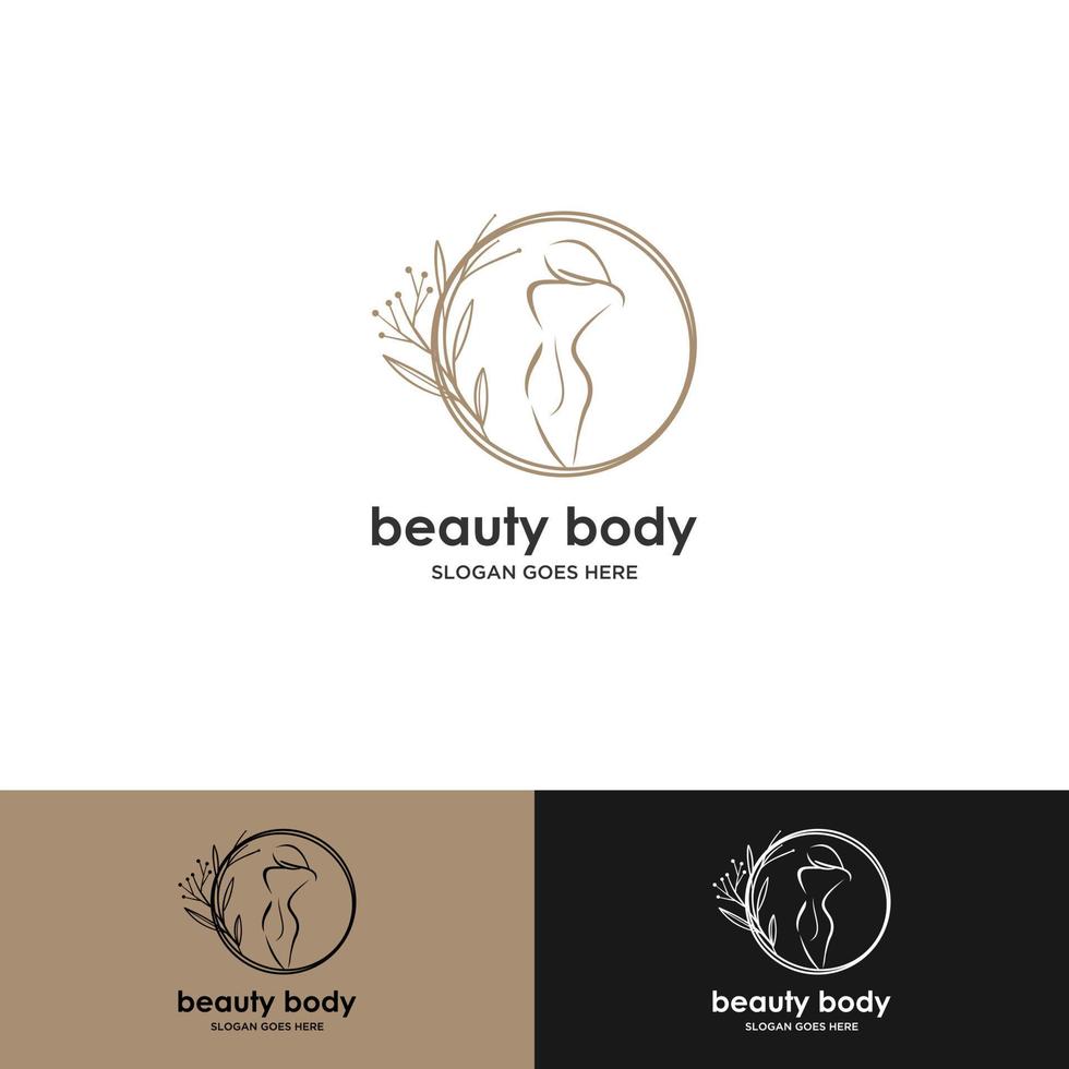Beauty-Natur-Body-Spa-Logo-Design. vektorillustration des schönheitsfrauenkörpers mit botanischer pflanze. moderne Vintage-Icon-Design-Vorlage mit Linienkunststil. vektor