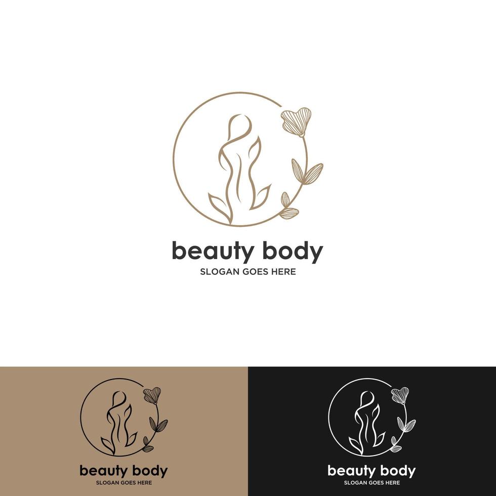 Beauty-Natur-Body-Spa-Logo-Design. vektorillustration des schönheitsfrauenkörpers mit botanischer pflanze. moderne Vintage-Icon-Design-Vorlage mit Linienkunststil. vektor