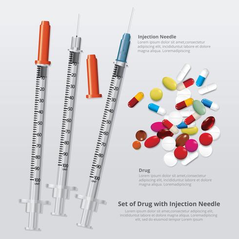 Set of Drug with Injection Needle Realistic Vector Illustration