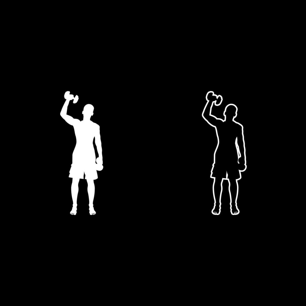 Mann macht Übungen mit Hanteln Sport Aktion männlich Training Silhouette Vorderansicht Icon Set Farbe weiß Illustration Flat Style simple Image vektor