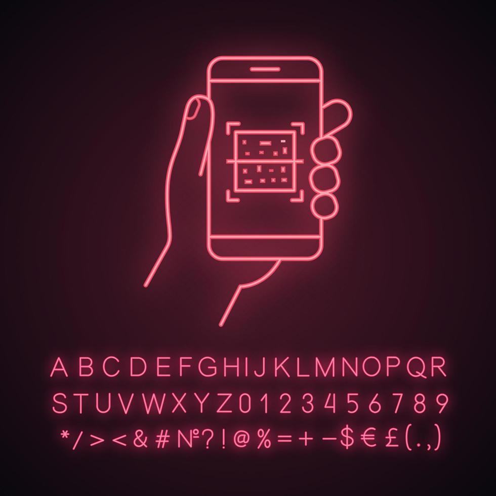 qr-kod smartphone skanner neonljus ikon. snabbsvarskod. matrix streckkod scanning mobiltelefon app. glödande tecken med alfabet, siffror och symboler. vektor isolerade illustration