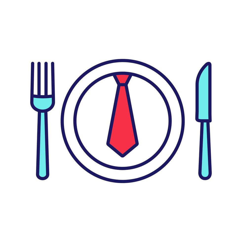 affärslunch, middag färgikon. diskuterar affärer över måltid. bordskniv, gaffel och tallrik med slips inuti. isolerade vektor illustration