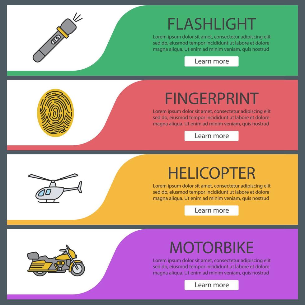 Polizei-Web-Banner-Vorlagen festgelegt. Taschenlampe, Fingerabdruck, Hubschrauber, Motorrad. Menüelemente in Farbe der Website. Vektor-Header-Design-Konzepte vektor