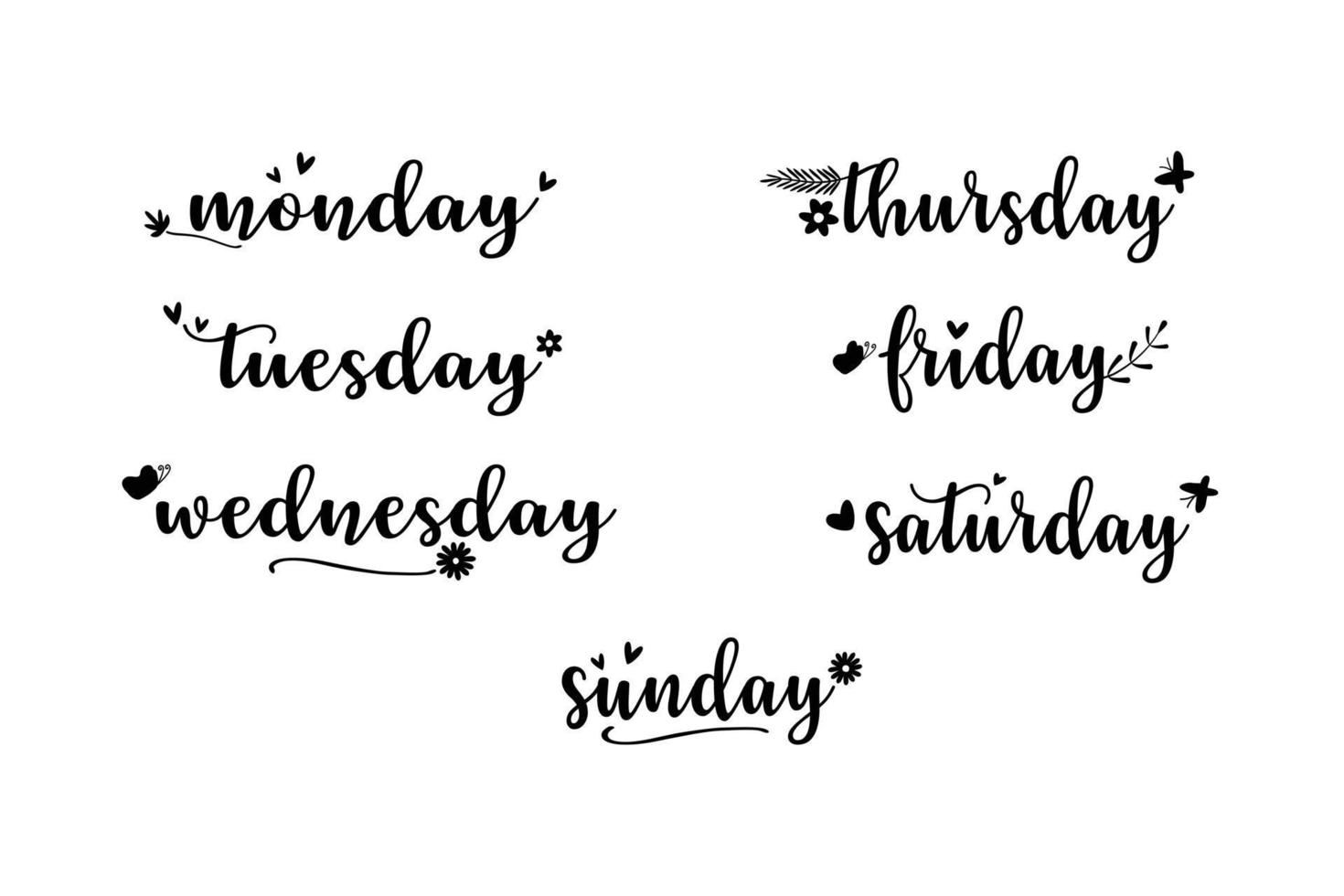 Vektor - handgeschriebener Wochentag. Montag, Dienstag, Mittwoch, Donnerstag, Freitag, Samstag und Sonntag. schwarze Farbe. kann verwendet werden, um Tagebuch, Planer, Kalender zu dekorieren.