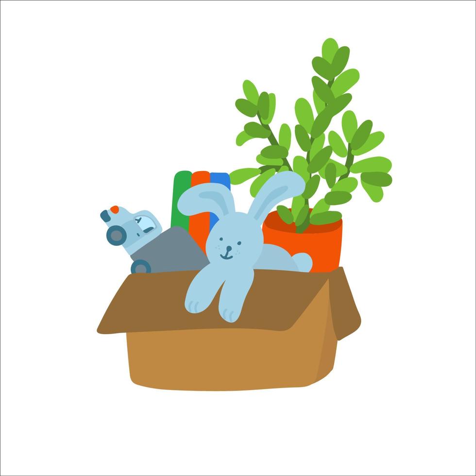 eine Kiste mit einer Zimmerpflanze, einem Hasen, einem Spielzeuglaster und Büchern. blaue, grüne und rote Farben. vektor