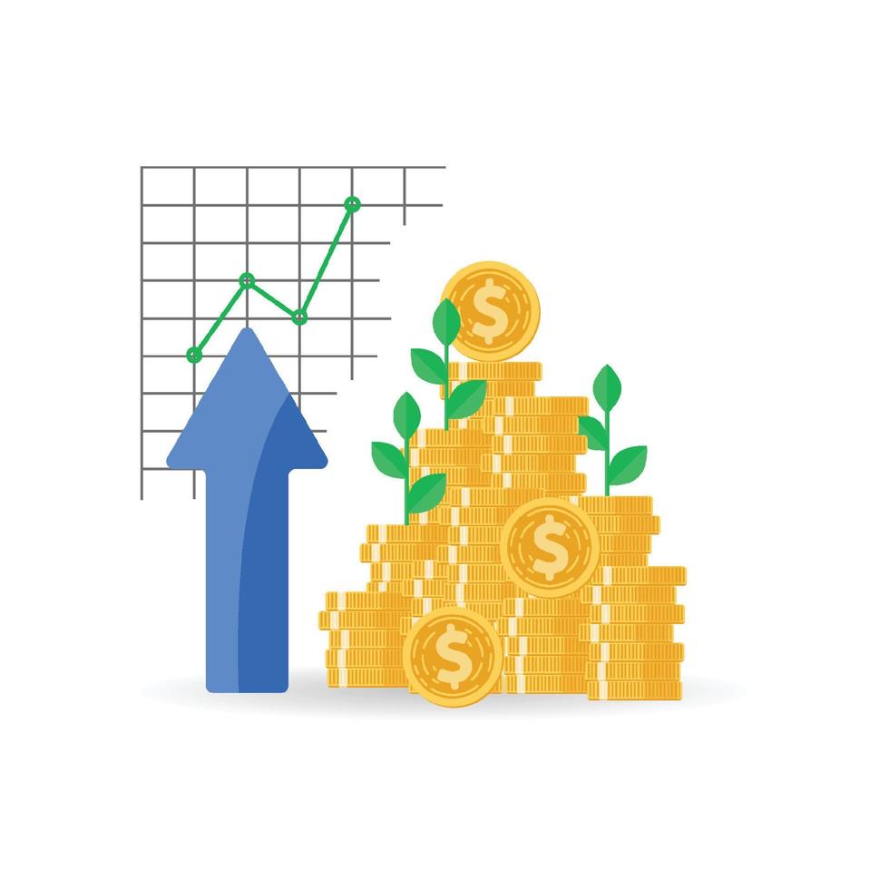 Münzen stapeln sich mit Investmentfonds, Einkommenssteigerung, Leistung der Finanzstrategie, Zinssatz, Haushaltssaldo, Umsatzwachstum, Kreditgeld, flaches Symbol, Vektorillustration vektor