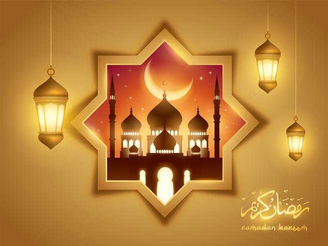 Ramadan Kareem islamischer Hintergrund mit Moschee und arabischer Laterne vektor