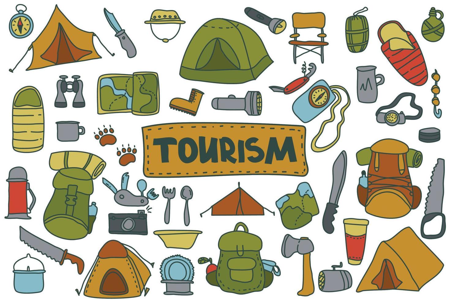 Tourismus, Camping, Urlaub im Doodle-Stil. Camping- und Wanderausrüstung Clip-Art-Set. Natur, Erholung im Wald, Sport vektor