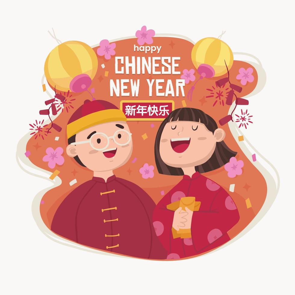 junge und mädchen feiern das chinesische neujahr vektor