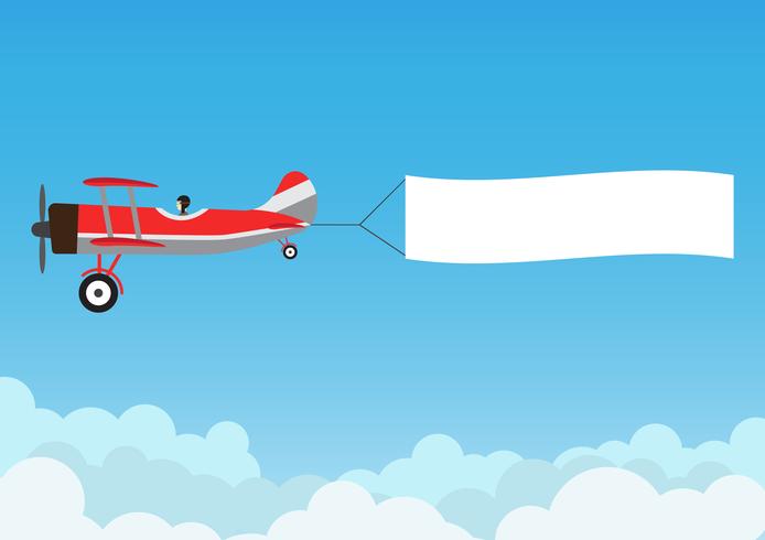 Retro- Flugzeugfliegen mit Werbungsfahne auf blauem Himmel - Vector Illustration