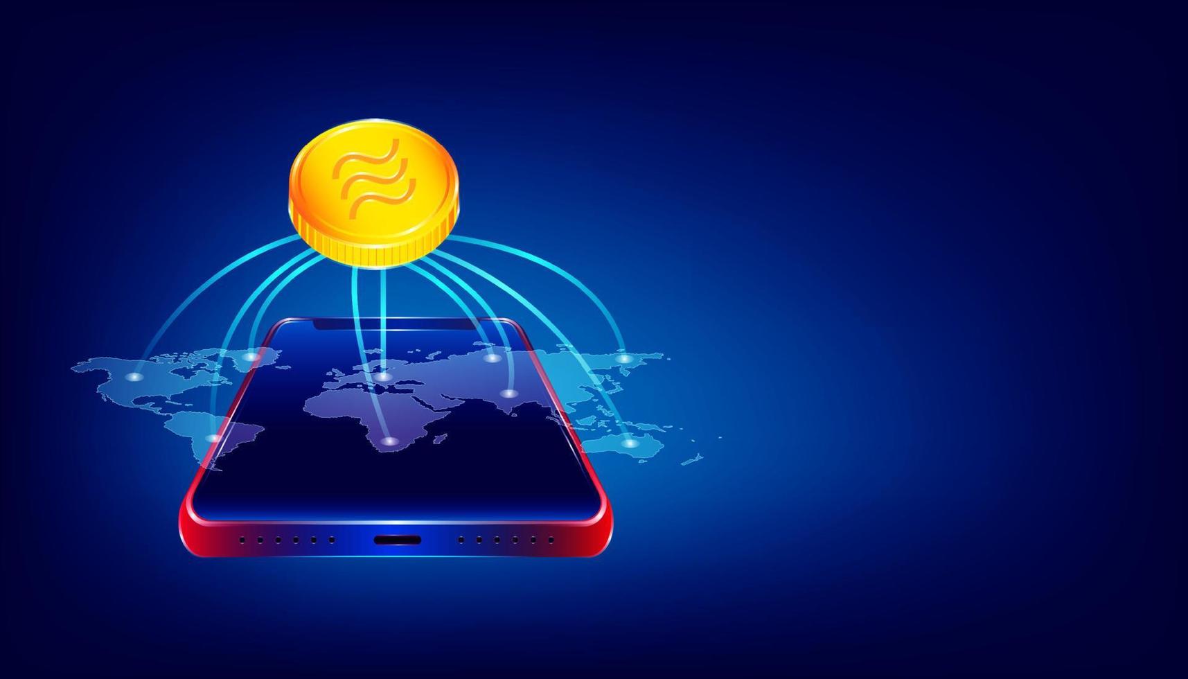 Luxus-Gold-Libra-Kryptowährungs-Münzensymbol. Menschen nutzen die große virtuelle Blockchain auf der ganzen Welt über ein schönes Smartphone. bunter hintergrundstil. Vektorillustration eps10 vektor