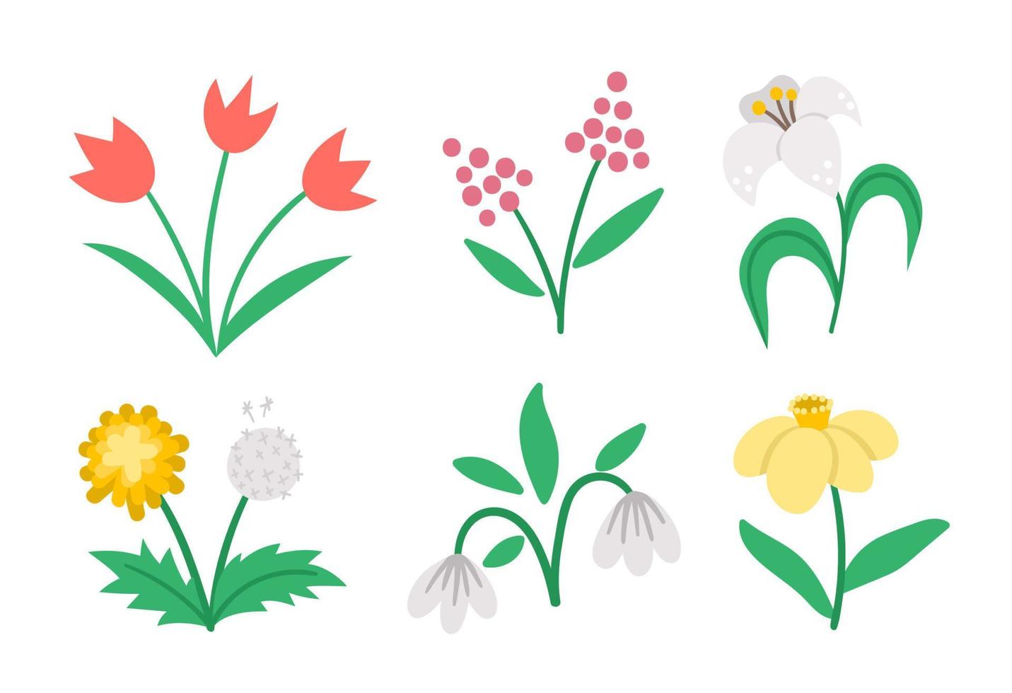 Vektor niedliche flache Frühlingsblumen Symbole gesetzt. erste blühende pflanzenillustration. florale Clipart-Sammlung. Tulpen, Löwenzahn, Schneeglöckchen, Narzisse, Lilie isoliert auf weißem Hintergrund.