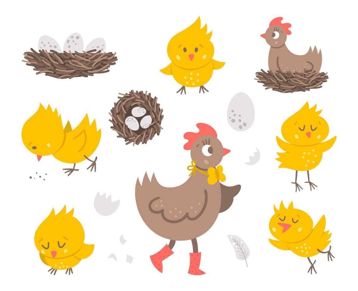 Vektorset mit süßer Henne, kleinen Küken, Eiern, Nest. frühling oder ostern lustige illustration isoliert auf weißem hintergrund für kinder. Bauernhof-Vogel-Icons-Pack vektor