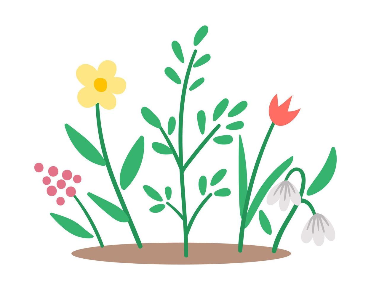 vektor våren blomsterbädd ikon. första blommande växter illustration. blommig clipart. söt platt barnkammare säng med snödroppe och tulpan isolerad på vit bakgrund.