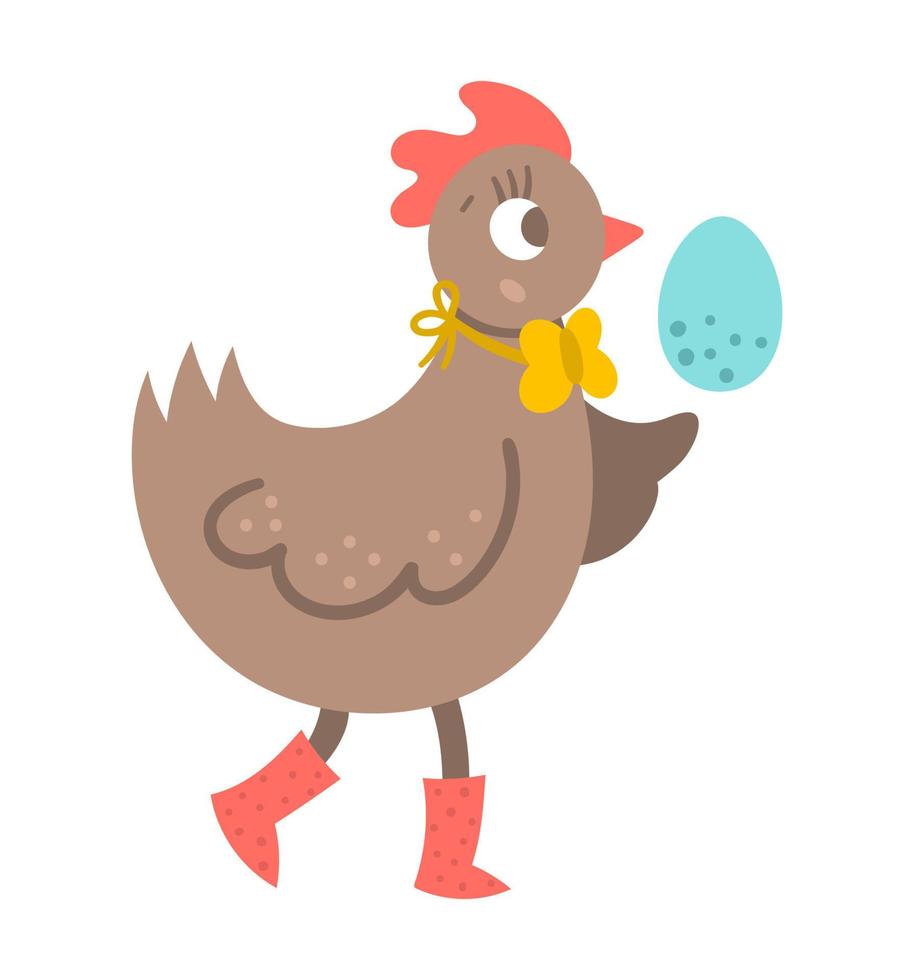 Vektor lustige Henne-Symbol. Farmvogel in roten Stiefeln mit farbigem Ei isoliert auf weißem Hintergrund. frühlings- oder osterillustration. niedliche haustierillustration