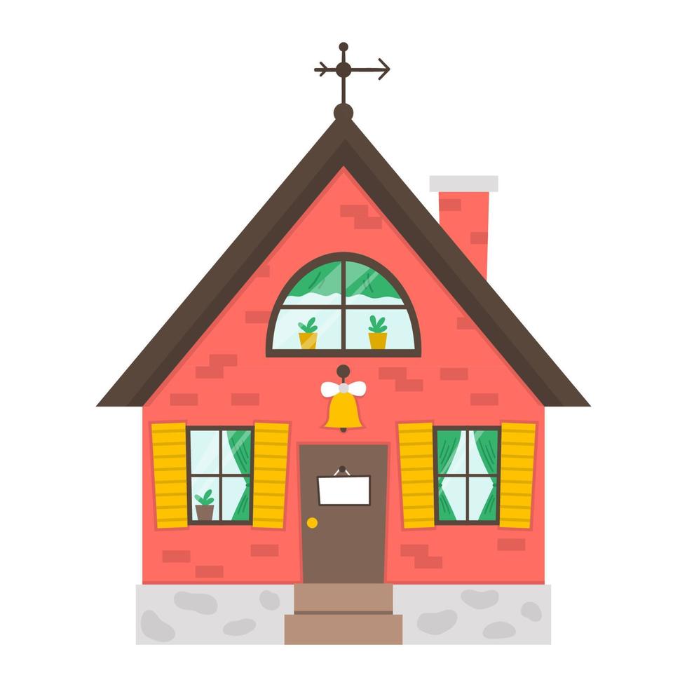 vektor land hus ikon isolerad på vit bakgrund. platt gård stuga illustration. söta rött tegel hem med dörrklocka, tallrik, fönster, gardiner. landsbygdens element bild