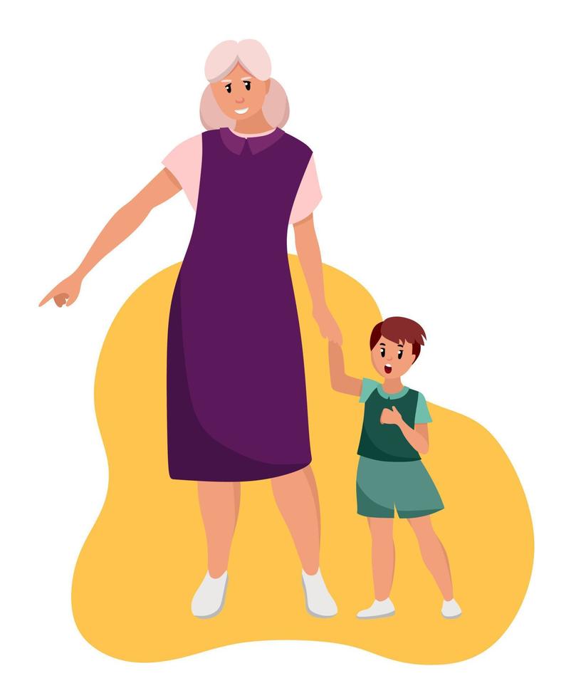 den äldre kvinnan mormor går med sitt barnbarn. äldre människor är seriefigurer. gammal ålder. vektor illustration av en platt stil, isolerad på en vit bakgrund