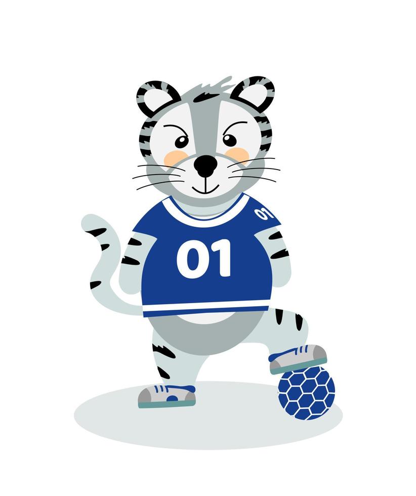 ein fröhlicher gestreifter Tiger-Fußballspieler in einer Sportuniform, das Symbol von 2022. Vektorgrafik einzeln auf weißem Hintergrund von Hand gezeichnet. zum Drucken von Kinder vektor