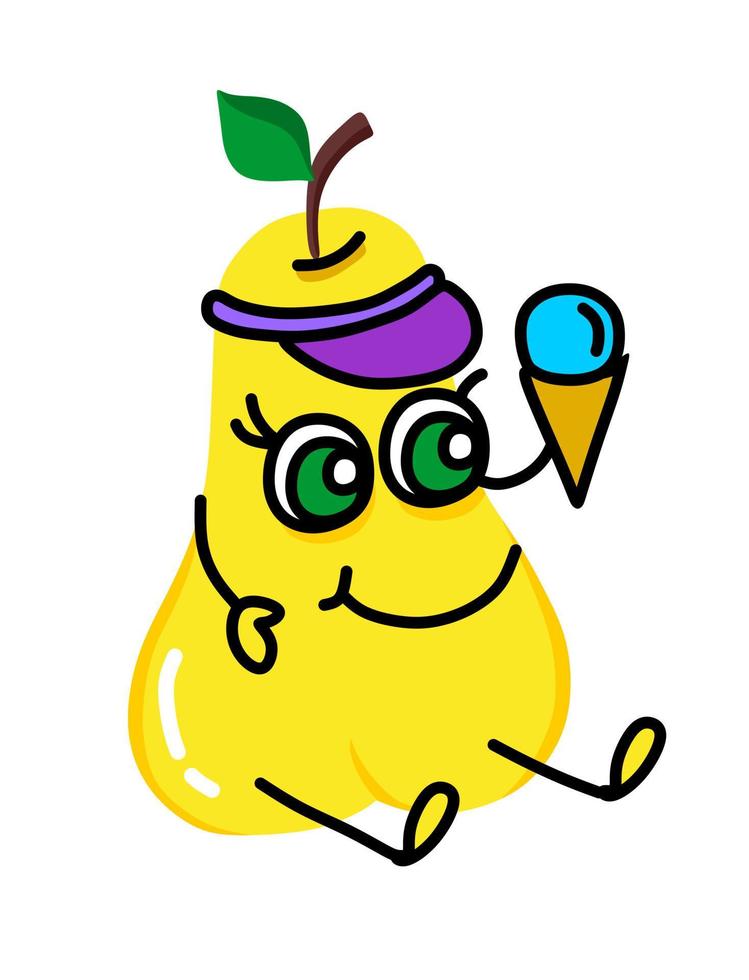 karikatur niedliche gelbe illustration einer birne mit schönen augen, die eiscreme essen. für eine Reihe von Aufklebern, Kinderveranstaltungen, Erholung, Freizeit. vektor