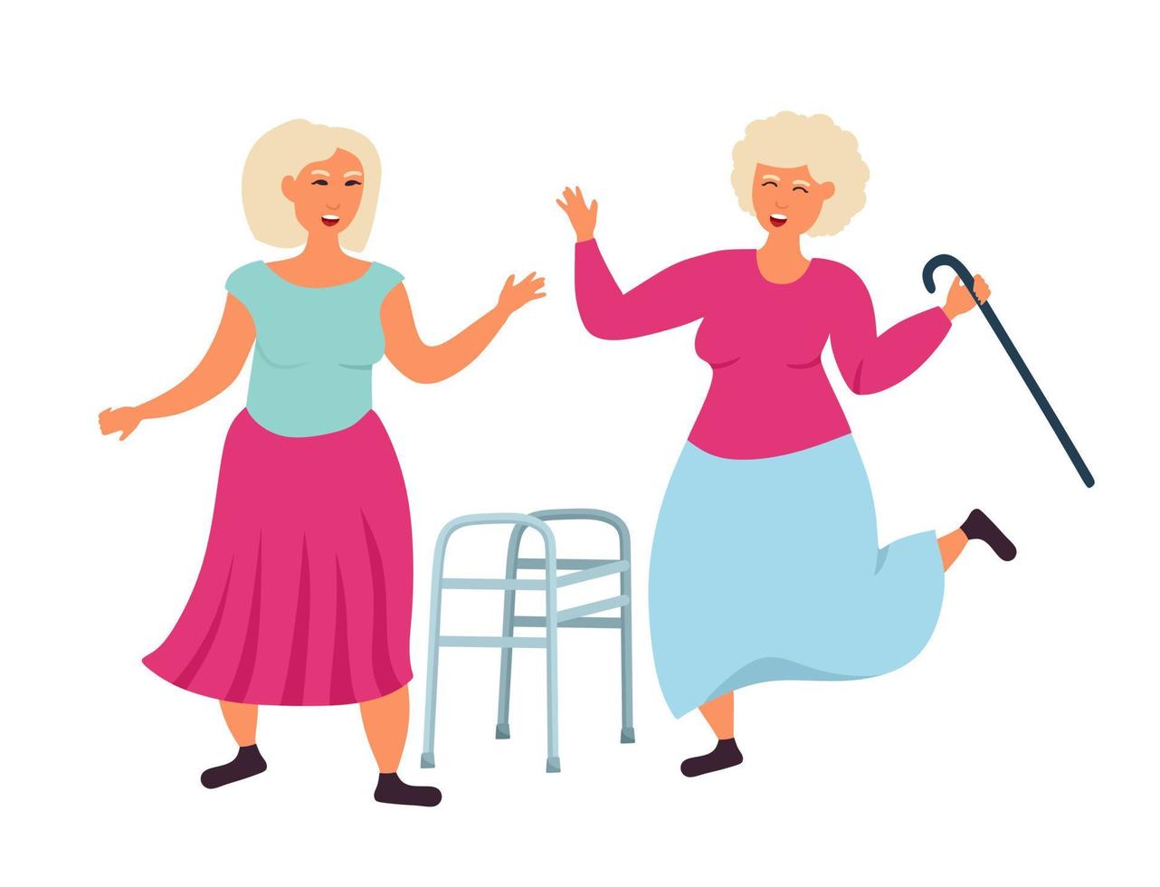 gamla människor av farmor dans kastar bort en käpp och en rollator. den äldre mannen har roligt. vektor illustration isolerad på en vit bakgrund.