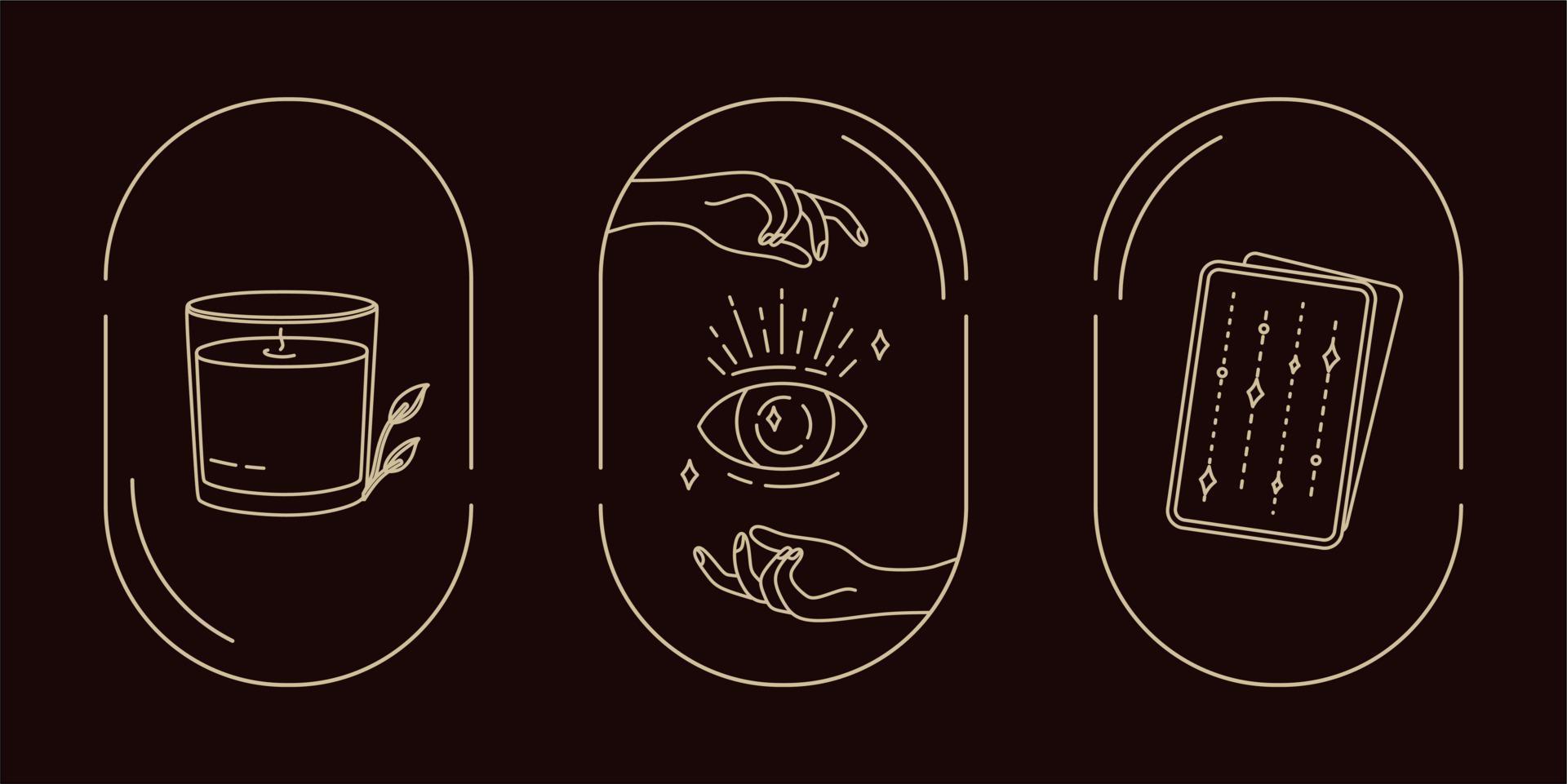 magische symbole satz von kritzeleien esoterische boho mystische handgezeichnete elemente steinkristalle. in Goldfarbe auf schwarzem Hintergrund. magische Vektorelemente vektor