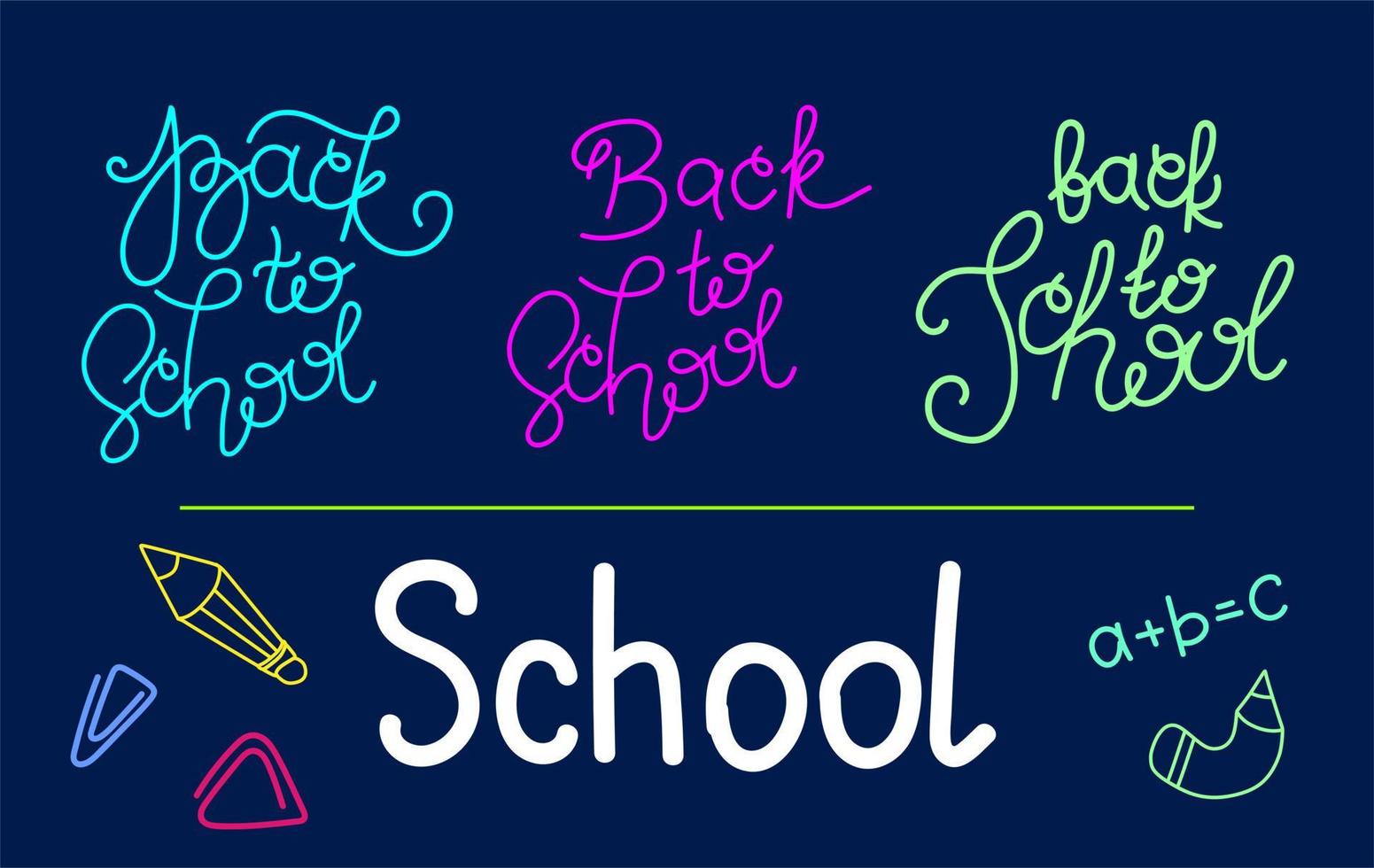 en uppsättning hem-till-skolan-bokstäver handritade i neonstil. illustration i platt stil. vektor