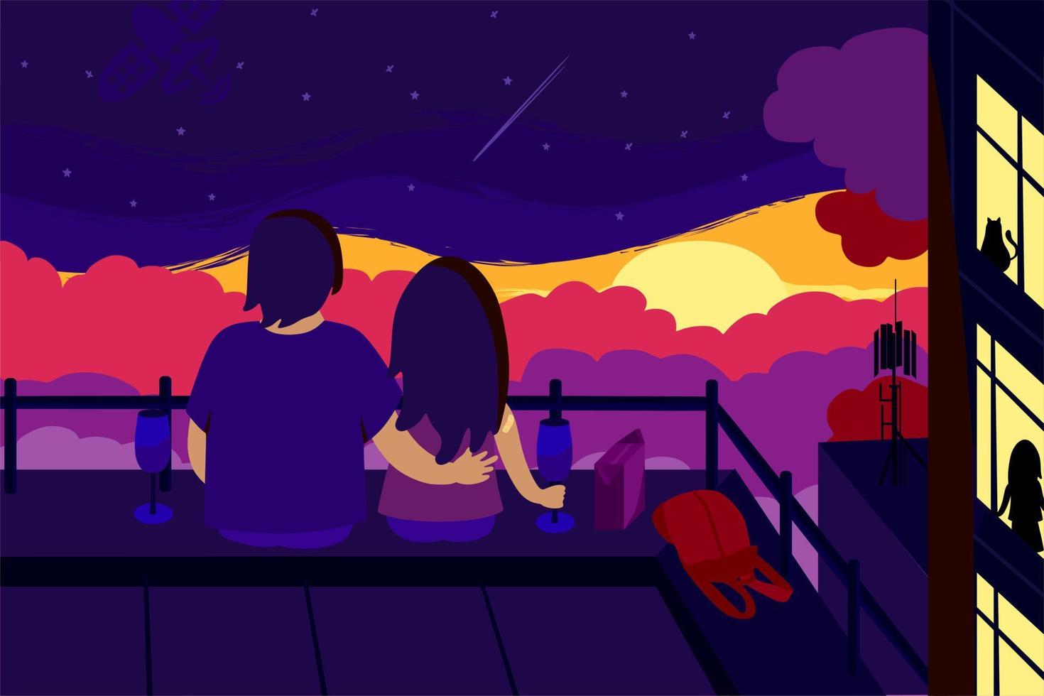 ein verliebtes paar sitzt auf dem dach und trinkt wein. ein Satellit fliegt vorbei und sie schauen zu den Sternen. vektor