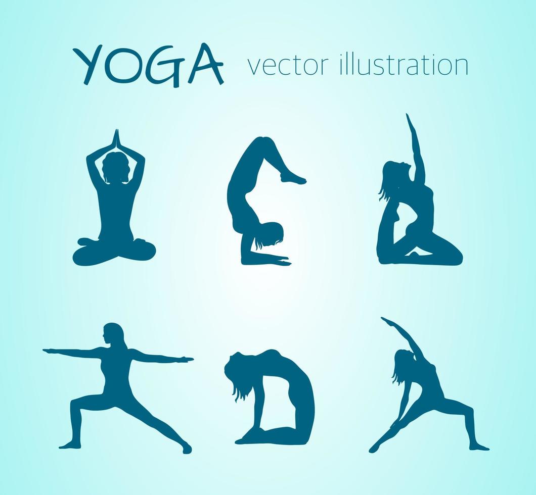 Vektorillustration von Silhouetten von Mädchen, die Yoga in verschiedenen Posen machen. gesunder lebensstil, stretching, meditation. vektor