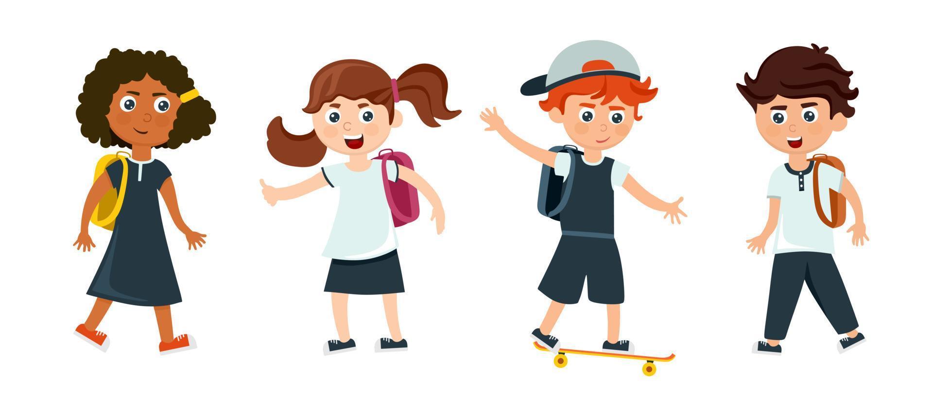 Eine Gruppe von Schulkindern und Schulmädchen mit Rucksäcken, die im Cartoon-Stil zur Schule gehen. vektor