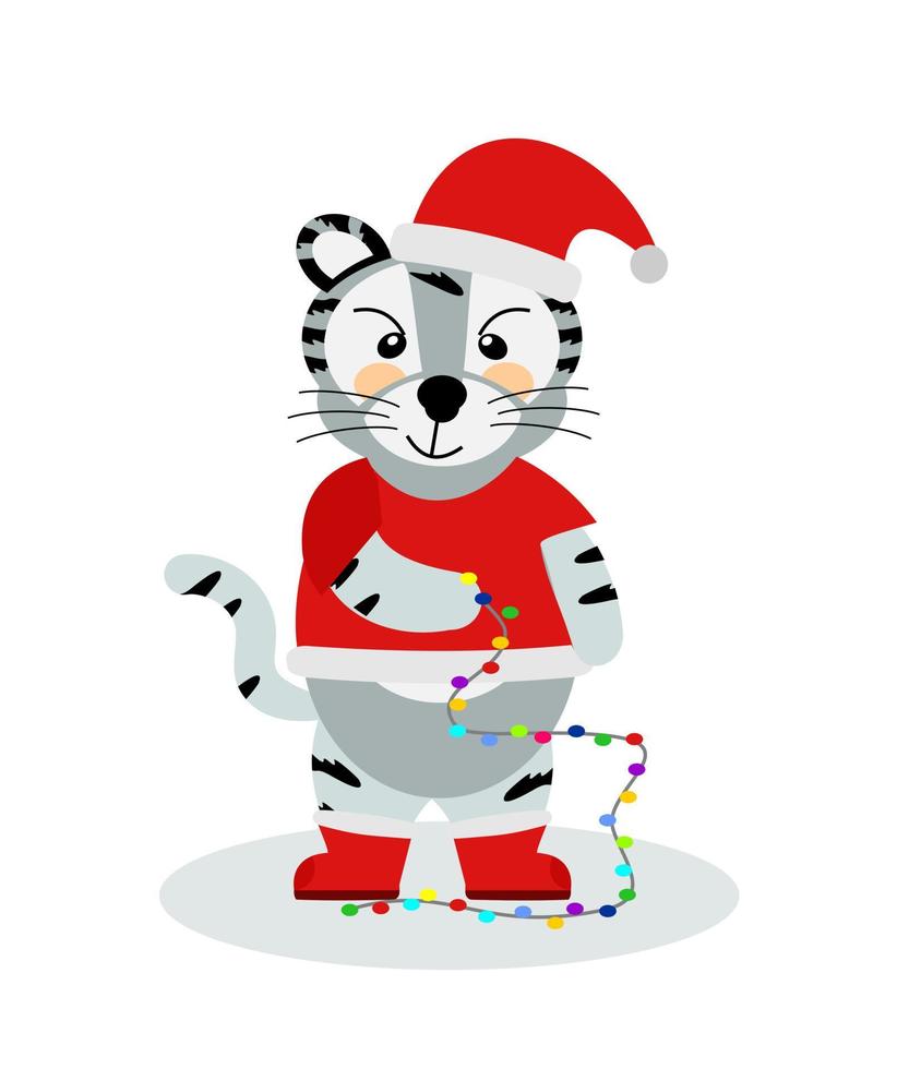 Ein fröhlicher gestreifter bengalischer Tiger in einem santa-Weihnachtskostüm mit einer Girlande, dem Symbol von 2022. Vektorgrafik, einzeln auf weißem Hintergrund, von Hand gezeichnet. zum Drucken von Kinder vektor