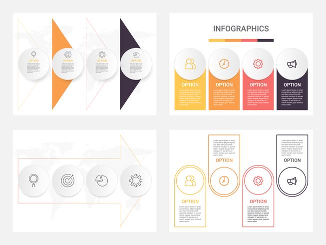 Sats av företagsinfografiska mallar med 4 steg, processer eller alternativ. Abstrakt modern infografisk. vektor