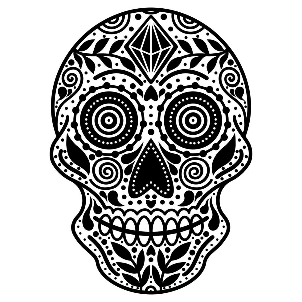 vit sockerskalle med abstrakt mönster. handritad vektor ikon isolerad på vit bakgrund. monokrom illustration för den mexikanska dagen för de döda el dia de muertos. skiss av en tatuering.